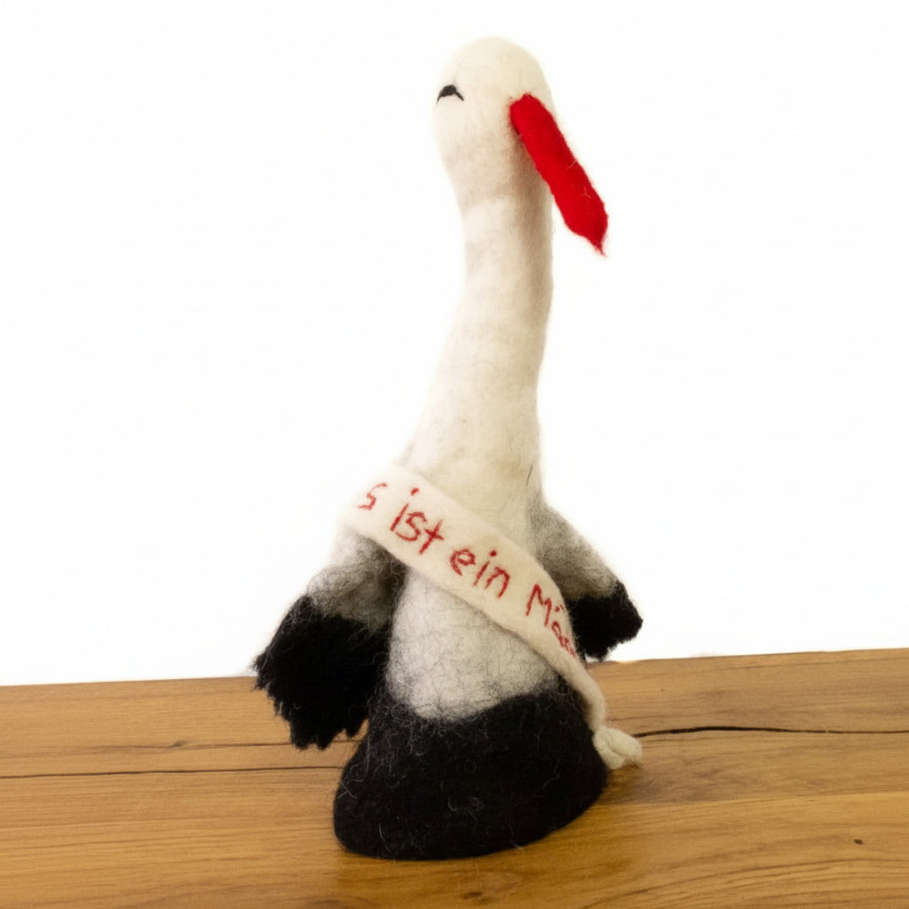 Filz-Eierwärmer Storch, Aufschrift "Es ist ein Mädchen"