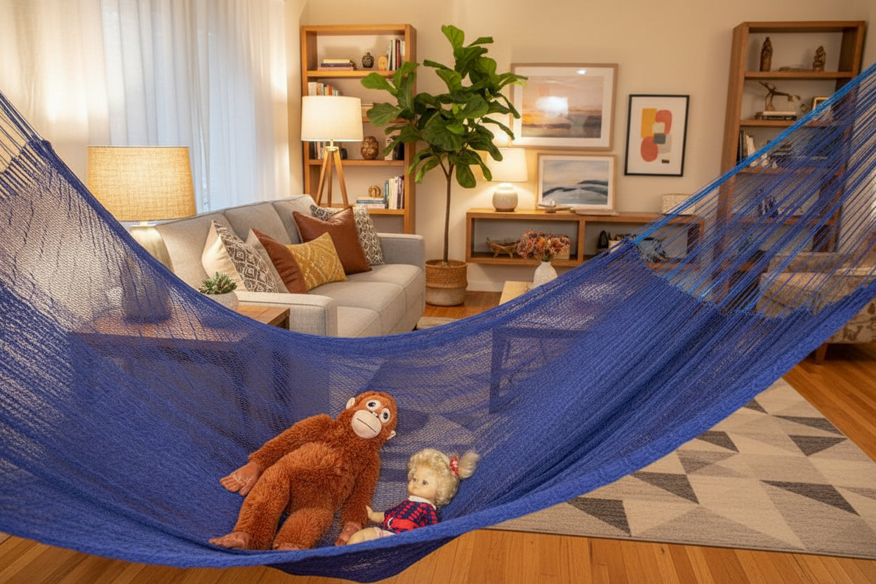 Dunkelblaue Hängematte in Größe Mexi 3 im Wohnzimmer, darin Stofftier und Puppe