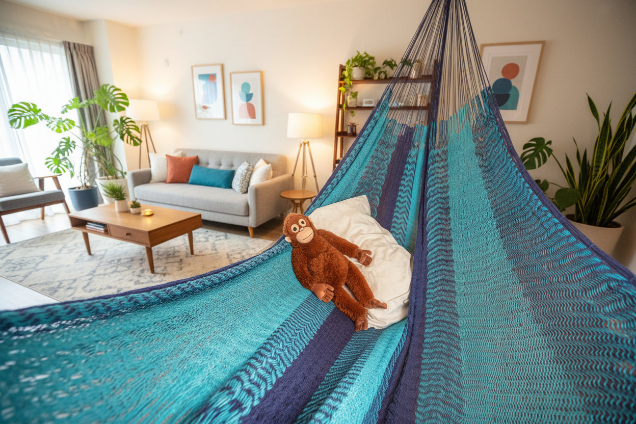 Mexikanische Hängematte Größe Mexi 5 blau gestreift im WohnZimmer mit Stoffier