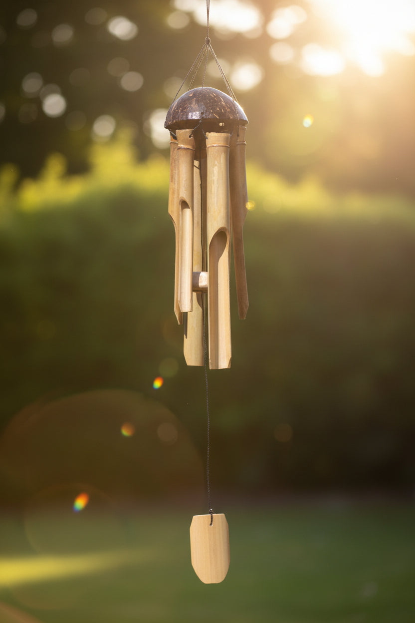 Windspiel aus Bambus 30 cm lang in naturbraun mit halbierter Kokosschale als AufhÀngung