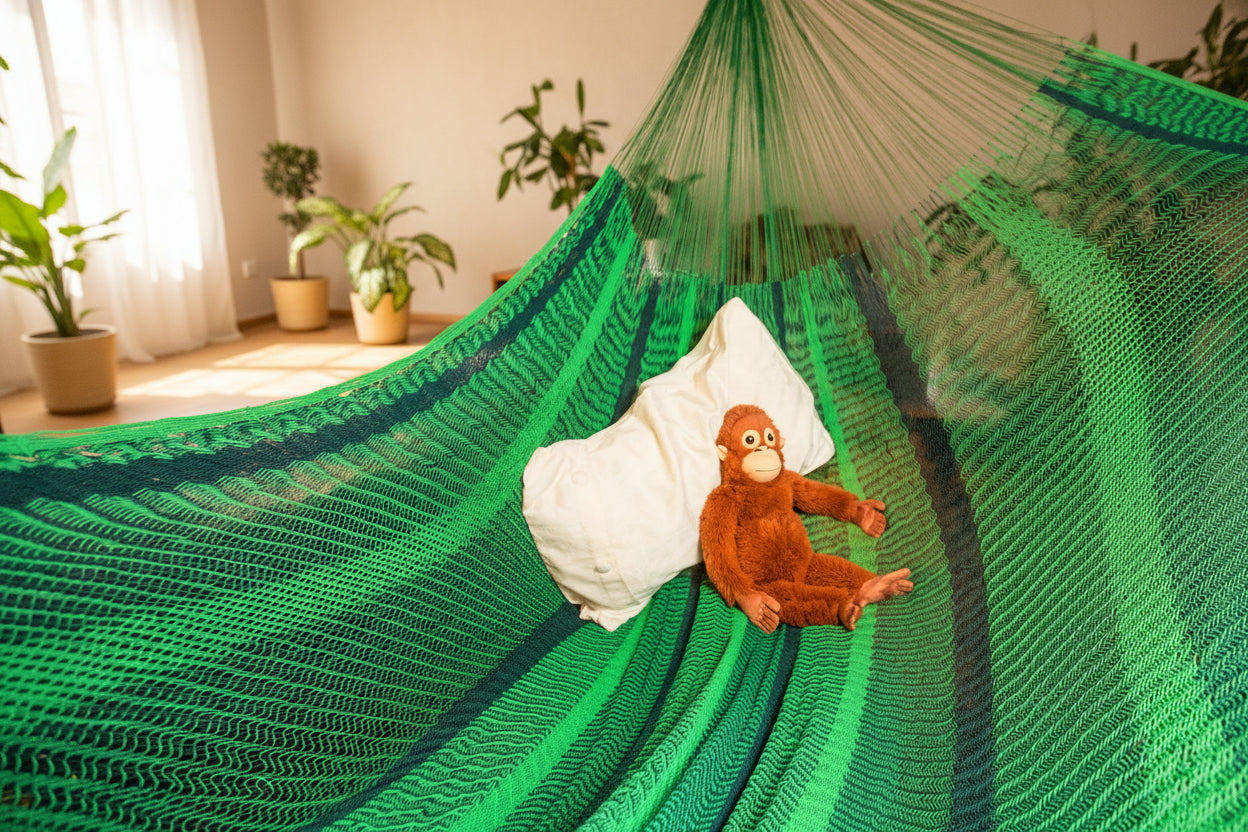 Mexikanische Netzhängematte Größe Mexi 5 ausgebreitet hängend im Wohnzimmer mit Stofftier darin