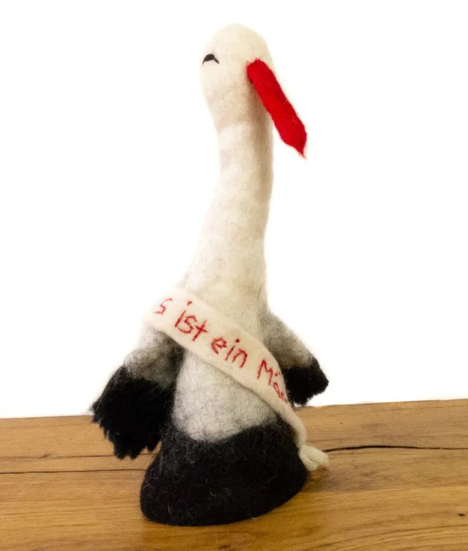 Filz-Eierwärmer Storch, Aufschrift "Es ist ein Mädchen"