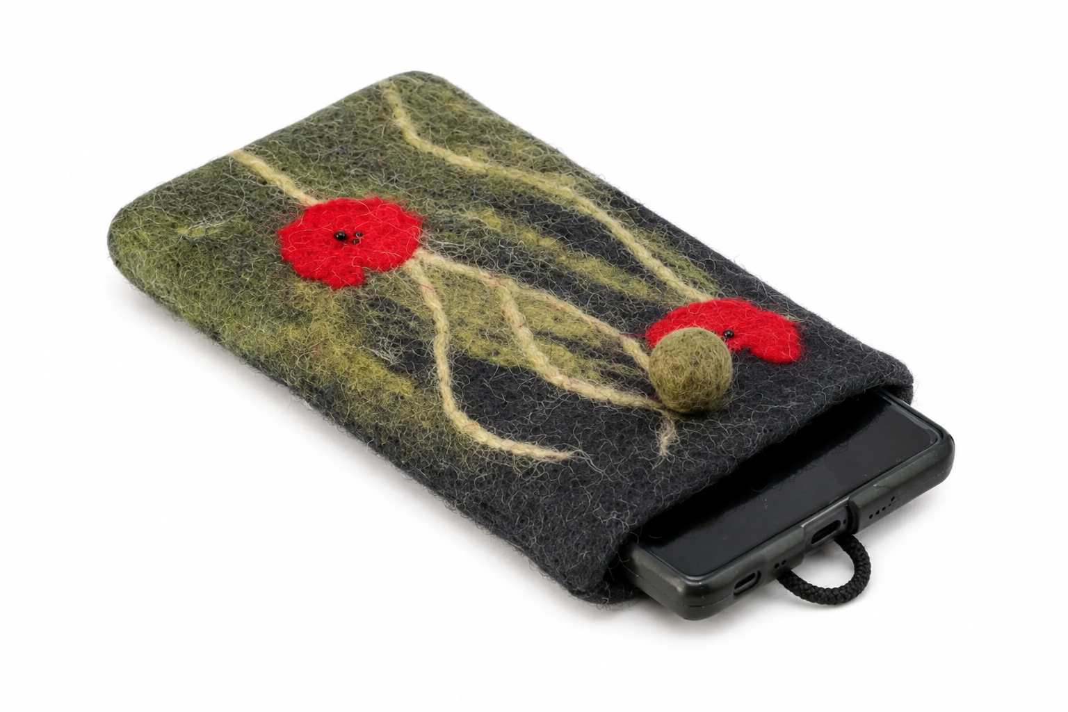 Filz-Handytäschchen mit Mohnblumenwiese auf anthrazitfarbenem Grund
