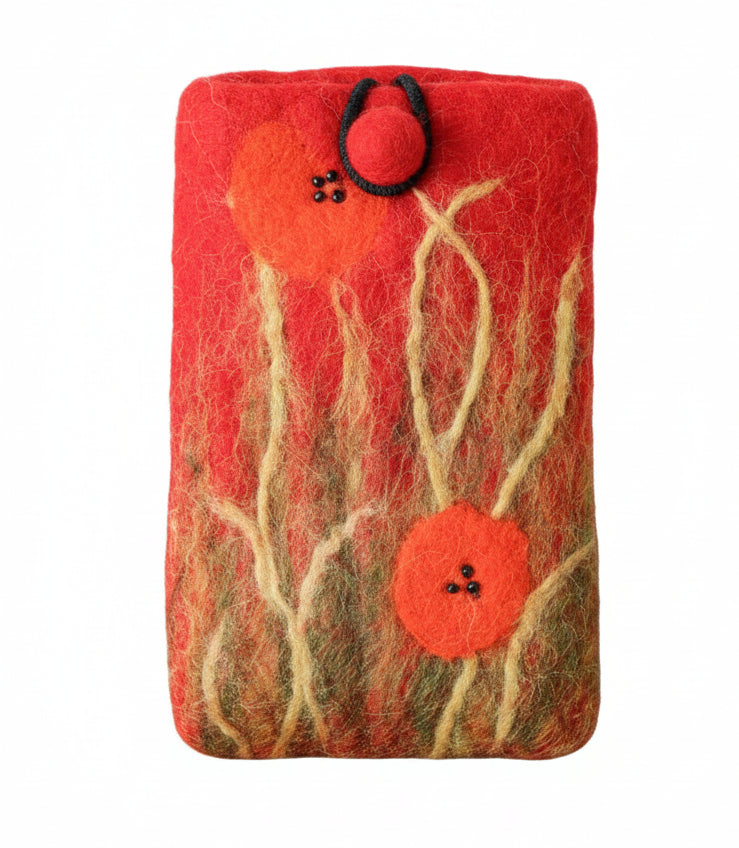 FIlz-Handytäschchen mit Mohnblumenwiesen-Motiv in roter Frabe mit Gummizugverschluss