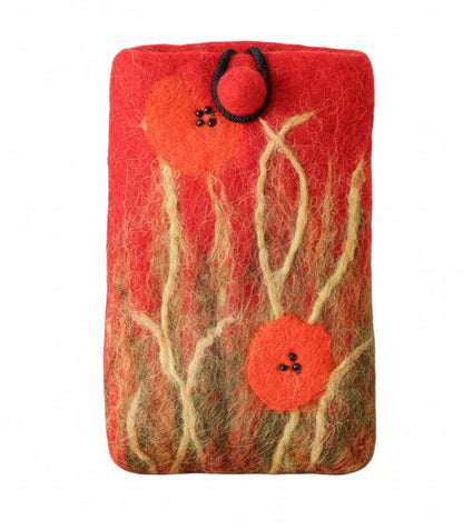FIlz-Handytäschchen mit Mohnblumenwiesen-Motiv in roter Frabe mit Gummizugverschluss