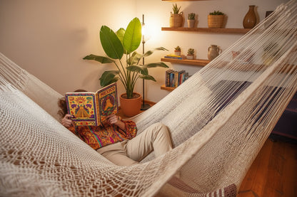 Naturweiße mexikanische Netzhängematte Mexi 2 aus Baumwolle, handgeknüpft in Mexiko, Fairtrade