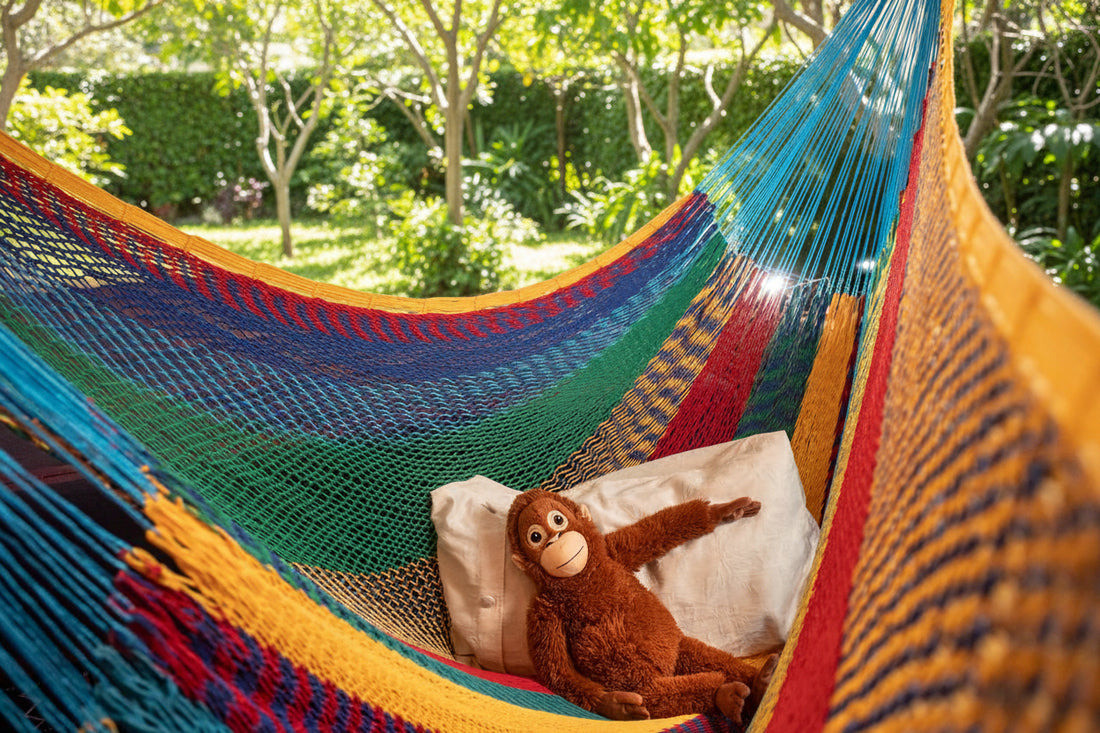 Die Mikko XXL mexikanische Hängematte für Kindergärten in bunt mit Stofftier im Garten