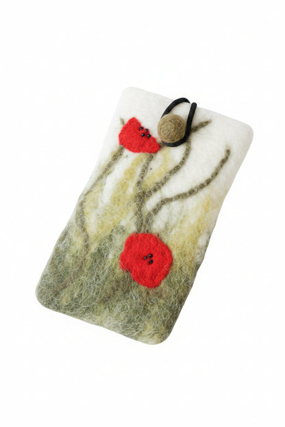 Smartphone-Etui mit Mohnblumenwiese aus Filz in weiß mit Gummi und Knopfverschluss