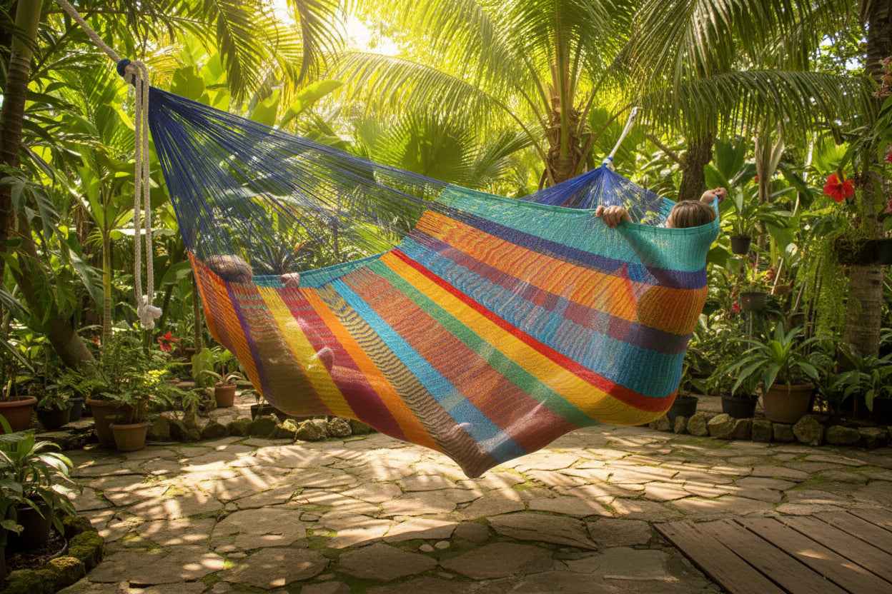 Bunte mexikanische Maya-Hängematte Größe Mexi 5 in einem Garten mit 2 Leuten, die gegenüber quer darin liegen