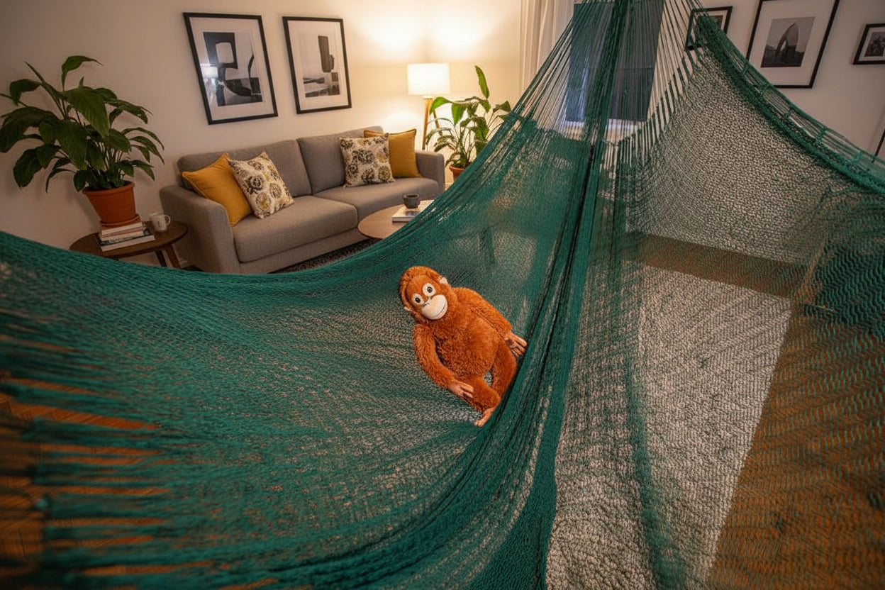 Mexikanische Netzhängematte Größe Mexi 4 dunkelgrün mit Stofftier darin im Wohnzimmer