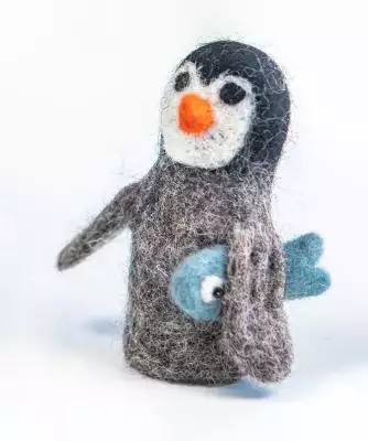 Fingerpüppchen Pinguin mit Fisch aus Wollfilz